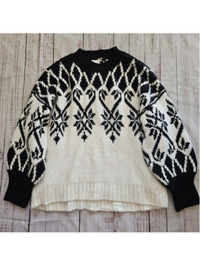 Free People Fireside Patterned Tunic Black White Plush Fair Isle Sweater Small